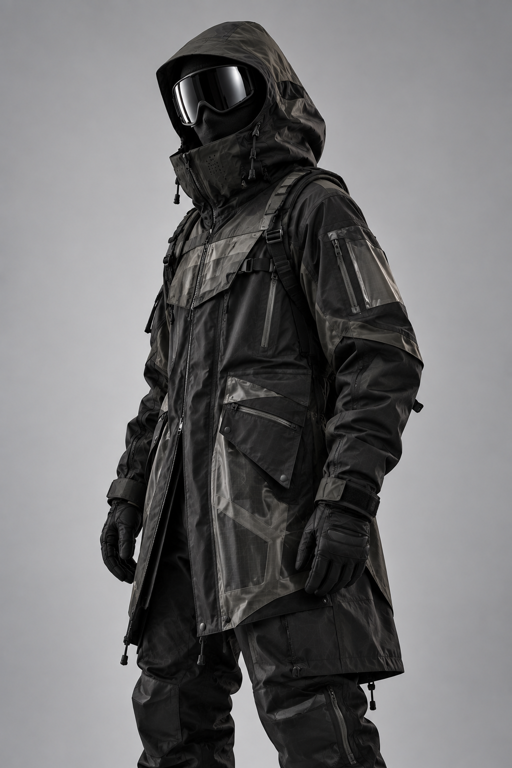 Technical black hooded jacket with chest straps and front pockets