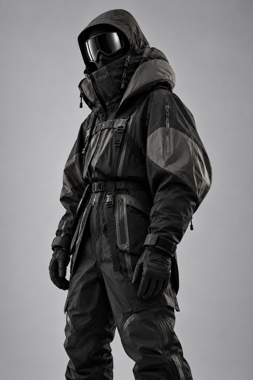 Black expedition jacket with a belted waist and layered shoulder panels