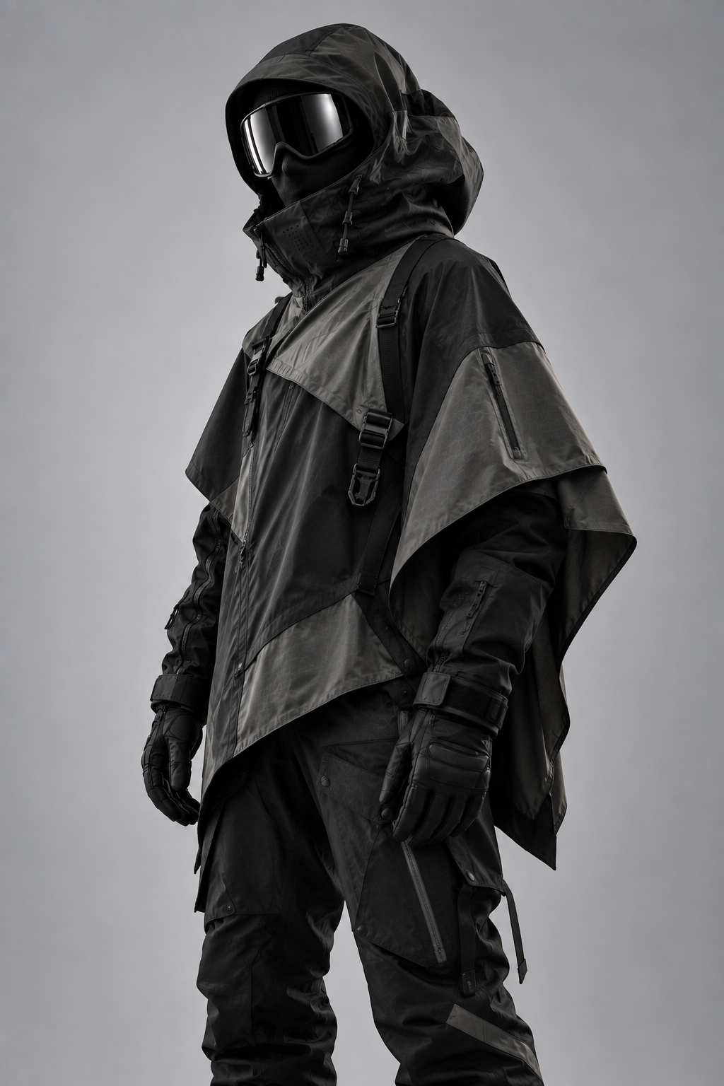 Black hooded shell with an asymmetric cape and diagonal harness